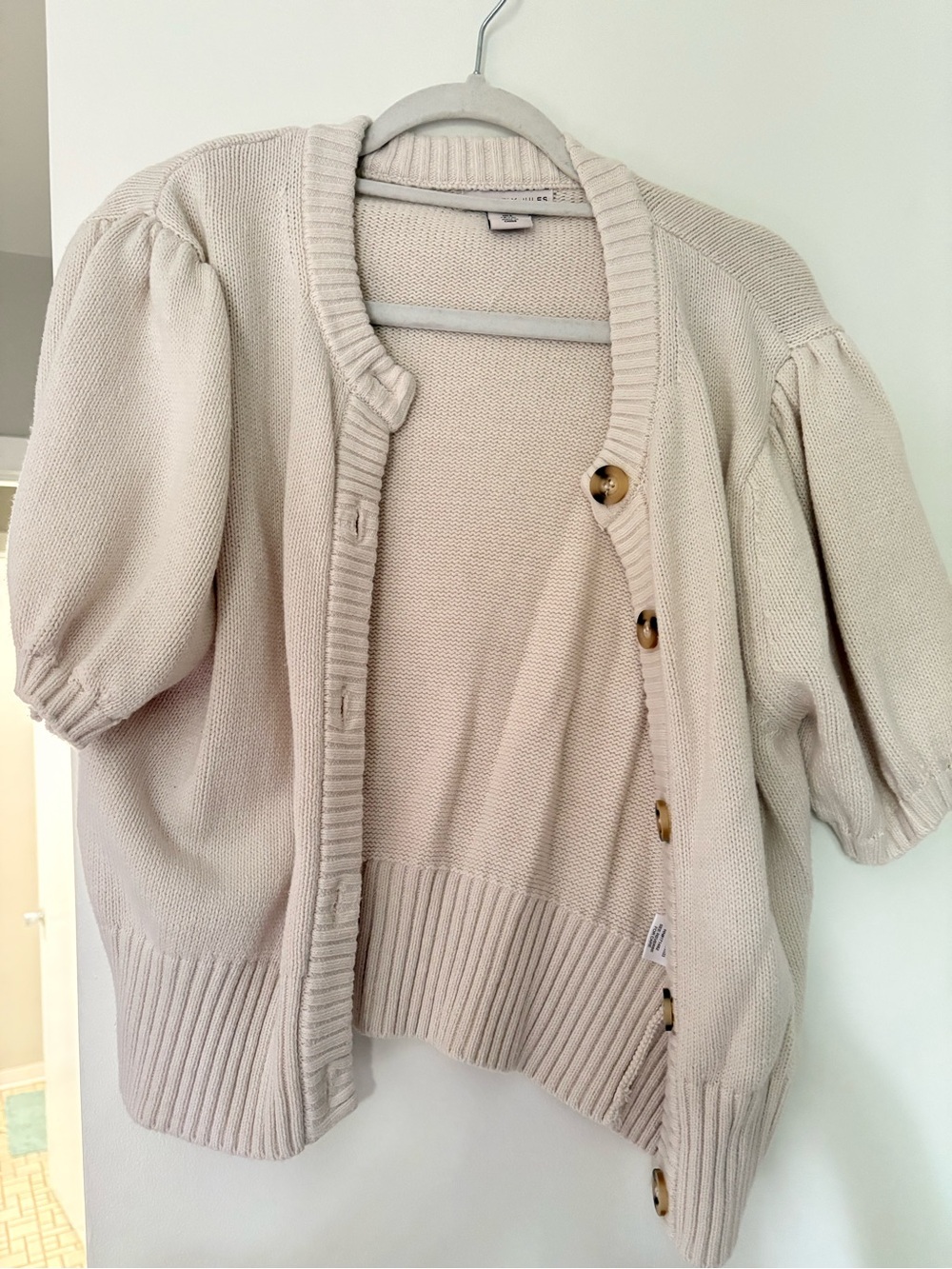 Neutral Puff-Sleeve Knit Cardigan Sweater - Cream